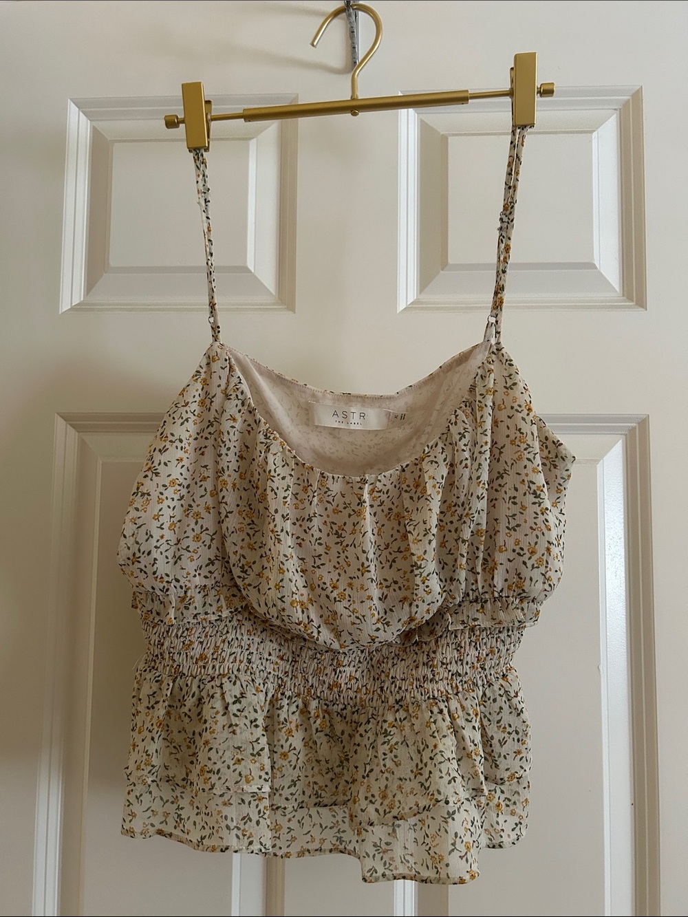 Astr Cream Floral Smocked Ruffle Camisole